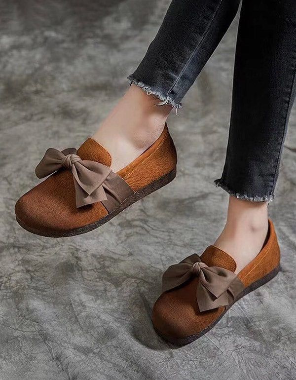 Flache Retro-schuhe Mit Rundem Kopf Und Bowknot Aus Weichem Leder