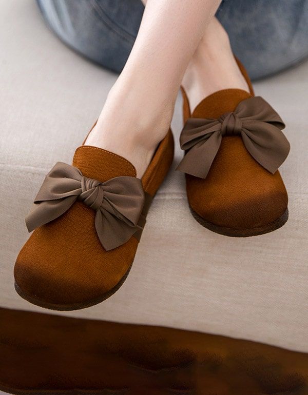 Flache Retro-schuhe Mit Rundem Kopf Und Bowknot Aus Weichem Leder