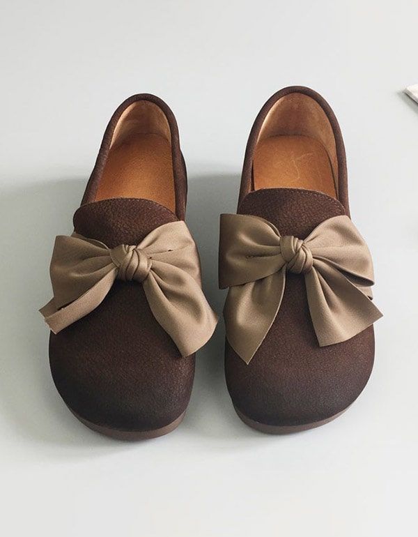 Flache Retro-schuhe Mit Rundem Kopf Und Bowknot Aus Weichem Leder