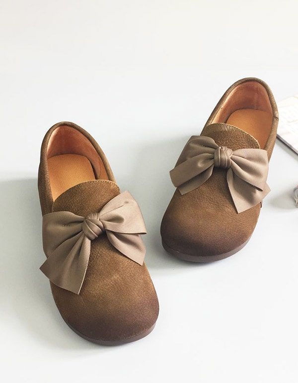 Flache Retro-schuhe Mit Rundem Kopf Und Bowknot Aus Weichem Leder