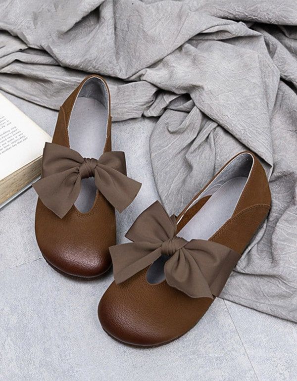 Flache Schuhe Aus Leder Mit Rundem Kopf Und Bowknot