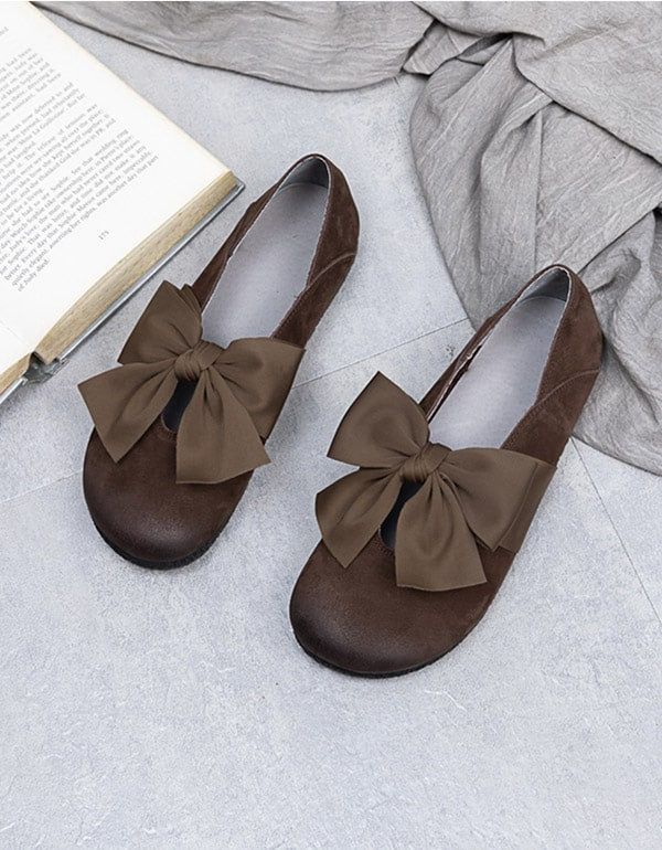 Flache Schuhe Aus Leder Mit Rundem Kopf Und Bowknot