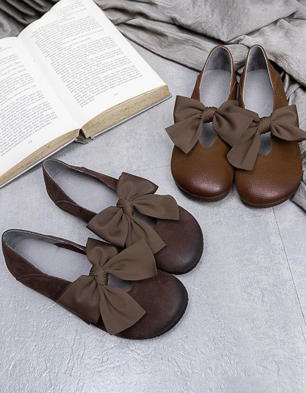 Flache Schuhe Aus Leder Mit Rundem Kopf Und Bowknot