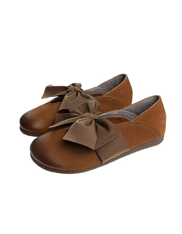 Flache Schuhe Aus Leder Mit Rundem Kopf Und Bowknot