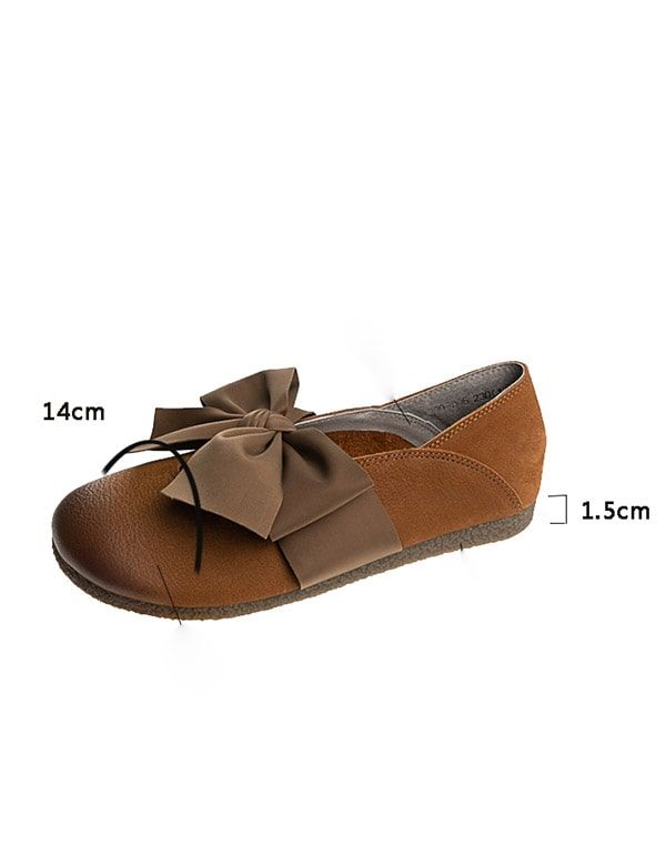 Flache Schuhe Aus Leder Mit Rundem Kopf Und Bowknot