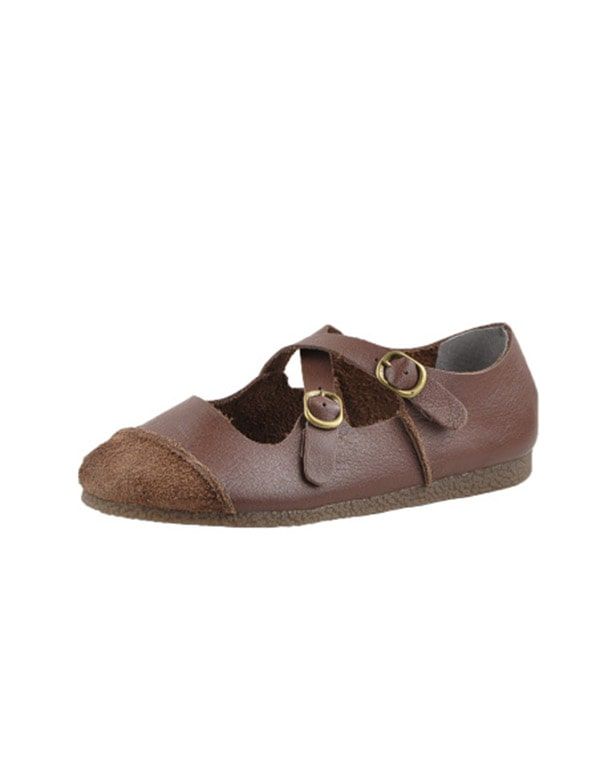 Flache Schuhe Aus Leder Mit Rundem Kopf Und Bowknot