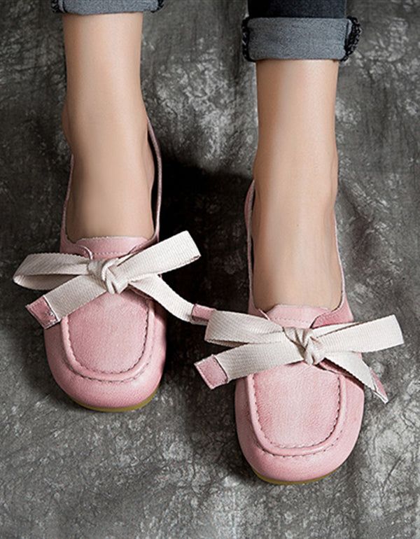 Flache Schuhe Im Retro-stil Aus Leder In Rosa Mit Rundem Kopf