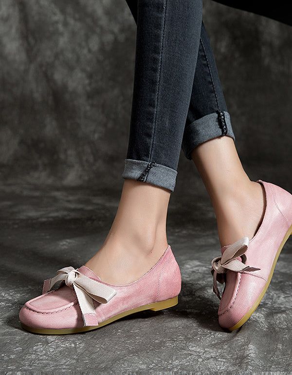 Flache Schuhe Im Retro-stil Aus Leder In Rosa Mit Rundem Kopf