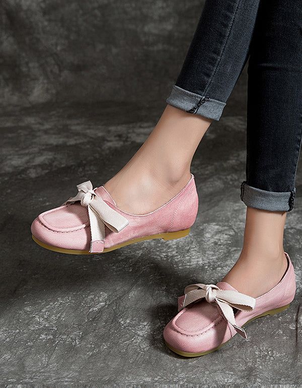 Flache Schuhe Im Retro-stil Aus Leder In Rosa Mit Rundem Kopf