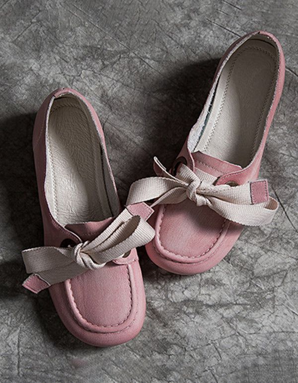 Flache Schuhe Im Retro-stil Aus Leder In Rosa Mit Rundem Kopf