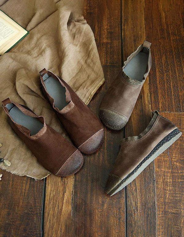 Flache Weiche Damenschuhe Aus Leder Mit Retro-holznähten