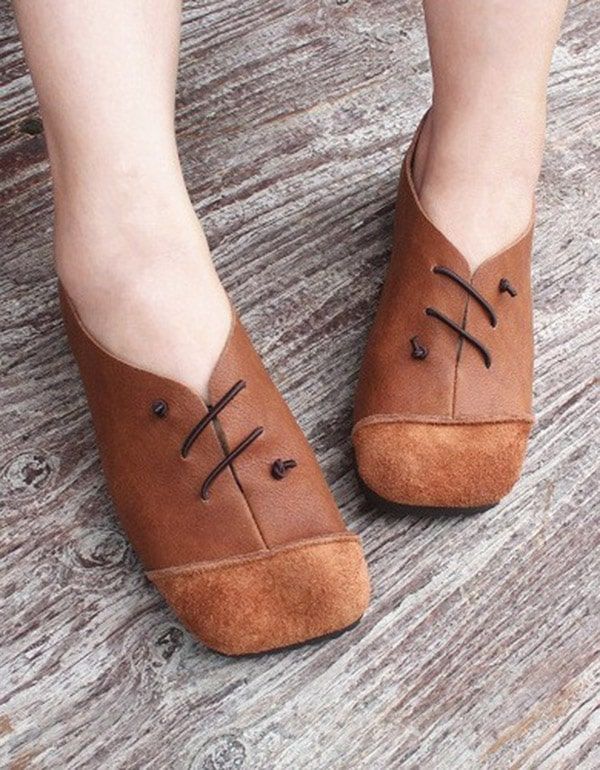 Handgefertigte Flache Retro-schuhe Aus Leder Mit Quadratischem Kopf