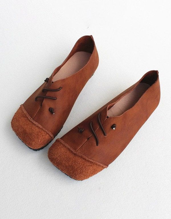 Handgefertigte Flache Retro-schuhe Aus Leder Mit Quadratischem Kopf