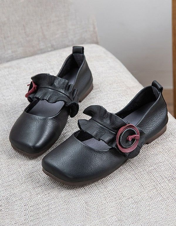 Handgefertigte Flache Retro-schuhe Mit Quadratischem Kopf