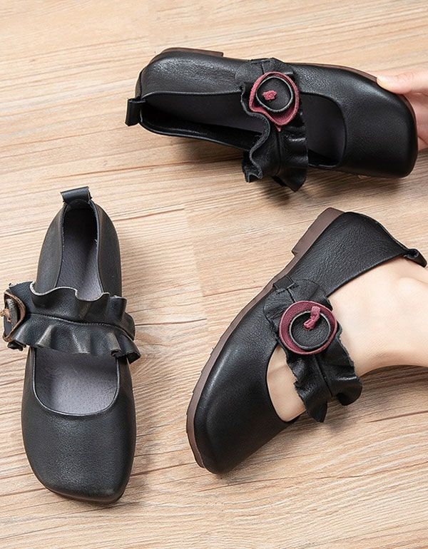 Handgefertigte Flache Retro-schuhe Mit Quadratischem Kopf