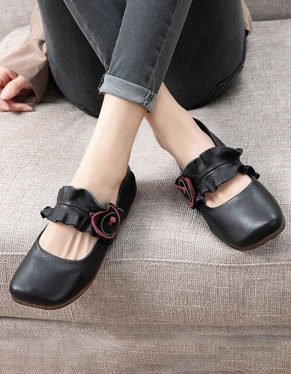 Handgefertigte Flache Retro-schuhe Mit Quadratischem Kopf