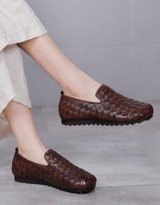 Handgefertigte Gewebte Flache Retro-loafer Aus Leder Für Damen