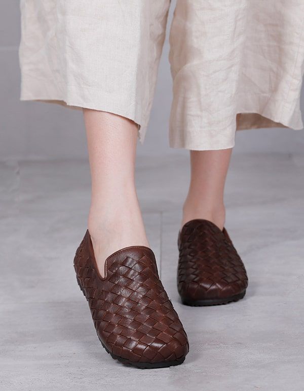 Handgefertigte Gewebte Flache Retro-loafer Aus Leder Für Damen