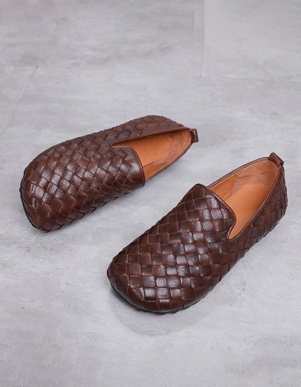 Handgefertigte Gewebte Flache Retro-loafer Aus Leder Für Damen