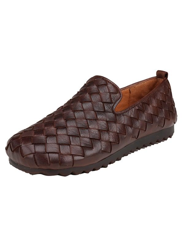 Handgefertigte Gewebte Flache Retro-loafer Aus Leder Für Damen