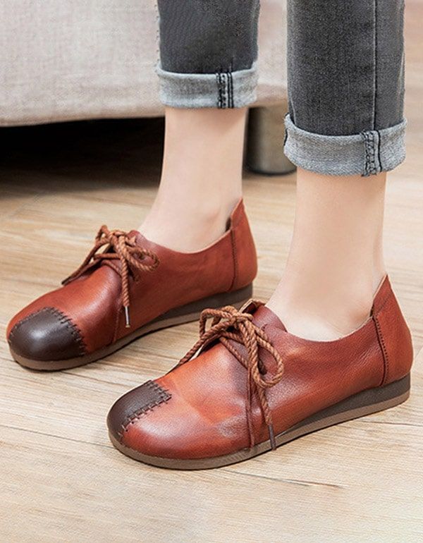 Handgefertigte Retro-flache Schuhe Mit Schnürung Aus Leder