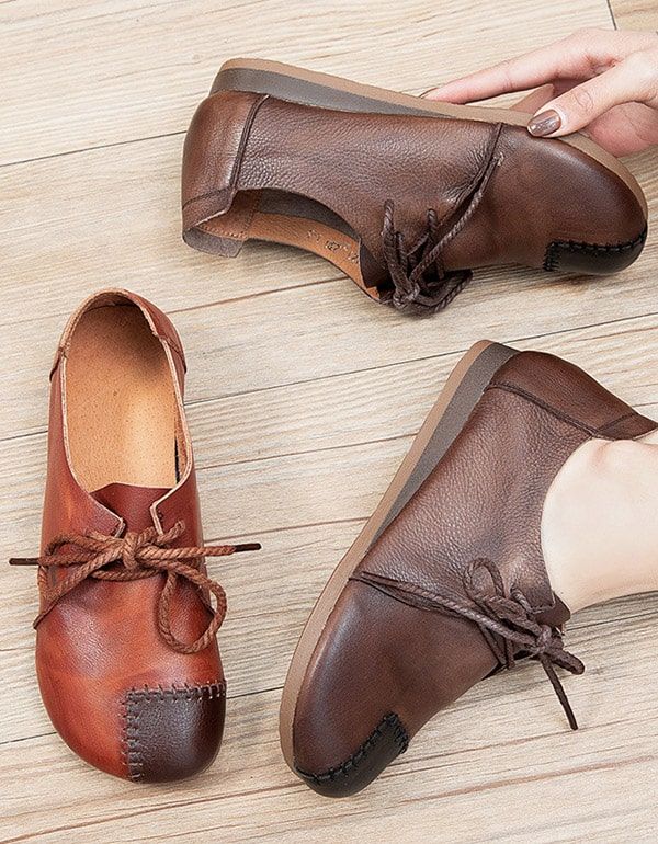 Handgefertigte Retro-flache Schuhe Mit Schnürung Aus Leder