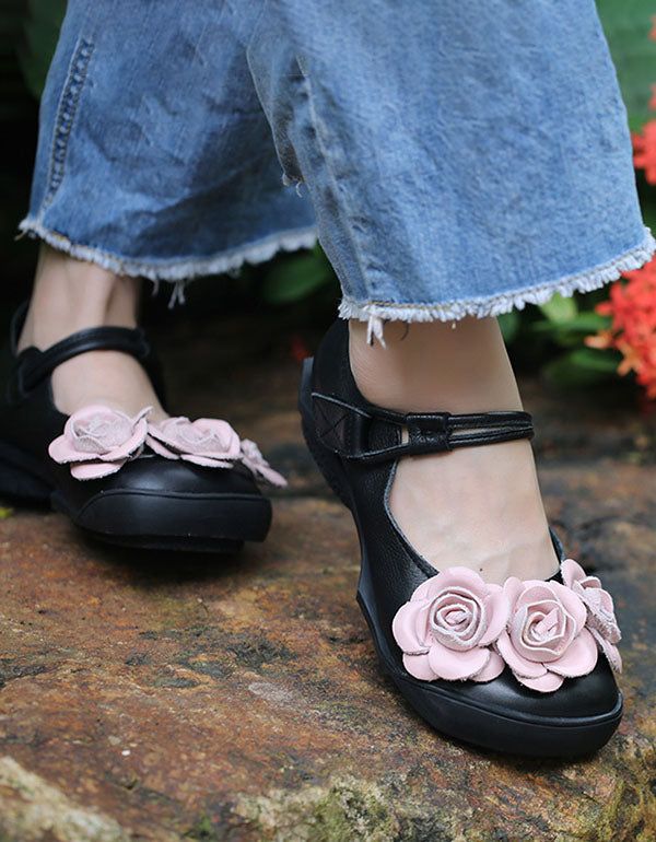 Handgemachte Blumen Retro Leder Flats Schwarz