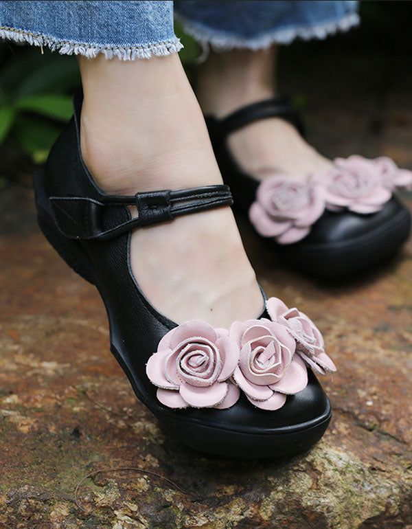 Handgemachte Blumen Retro Leder Flats Schwarz