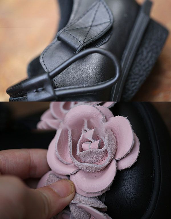 Handgemachte Blumen Retro Leder Flats Schwarz