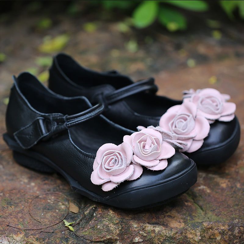 Handgemachte Blumen Retro Leder Flats Schwarz