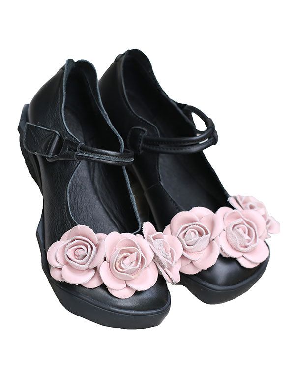 Handgemachte Blumen Retro Leder Flats Schwarz