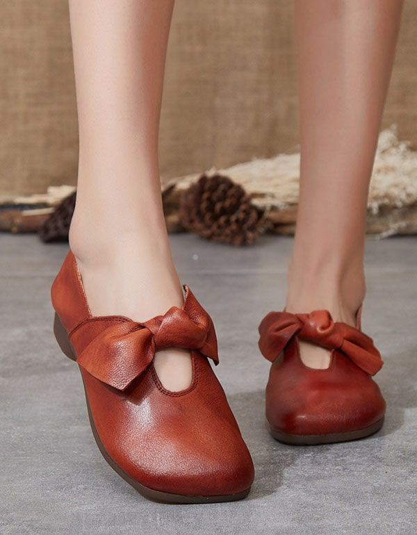 Handgemachte Flache Damenschuhe Mit Quadratischem Kopf Und Bowknot