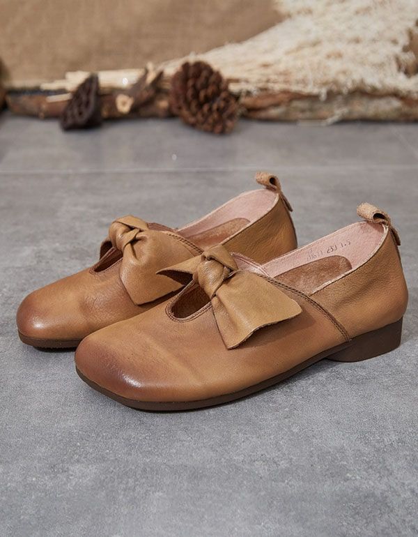 Handgemachte Flache Damenschuhe Mit Quadratischem Kopf Und Bowknot