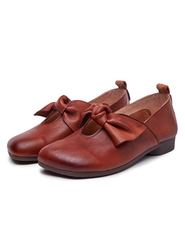 Handgemachte Flache Damenschuhe Mit Quadratischem Kopf Und Bowknot