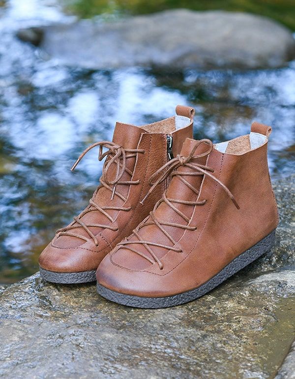 Handgemachte Flache Retro-stiefel Aus Leder Für Damen