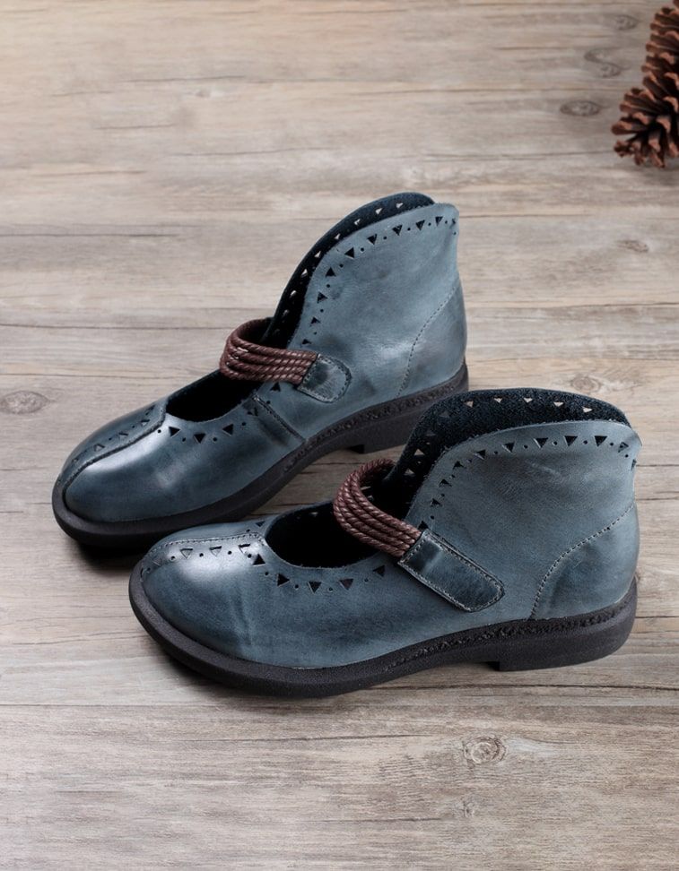 Handgemachte Retro Leder Flache Schuhe Blau