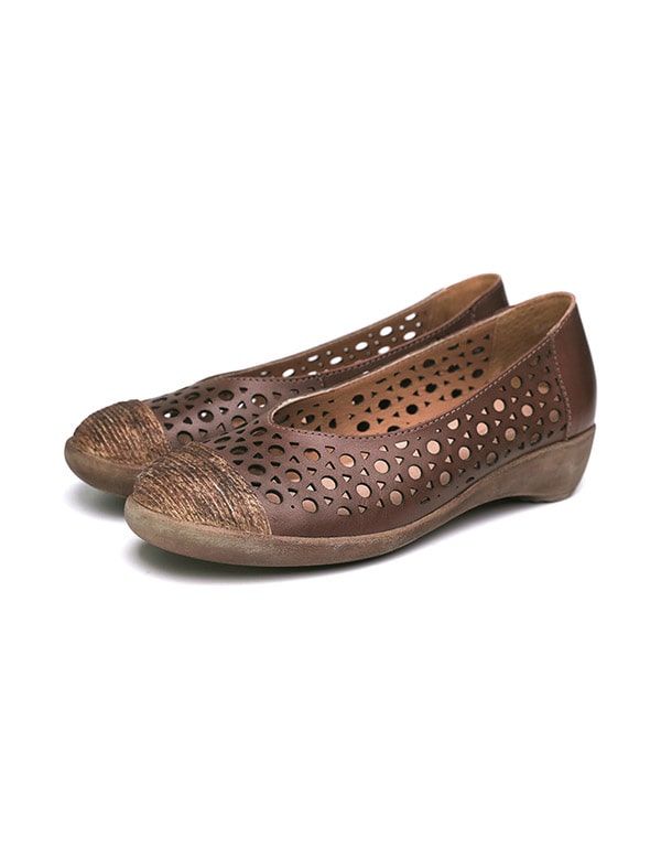 Hohle Handgefertigte Retro-flats Für Damen Mit Dickem Absatz