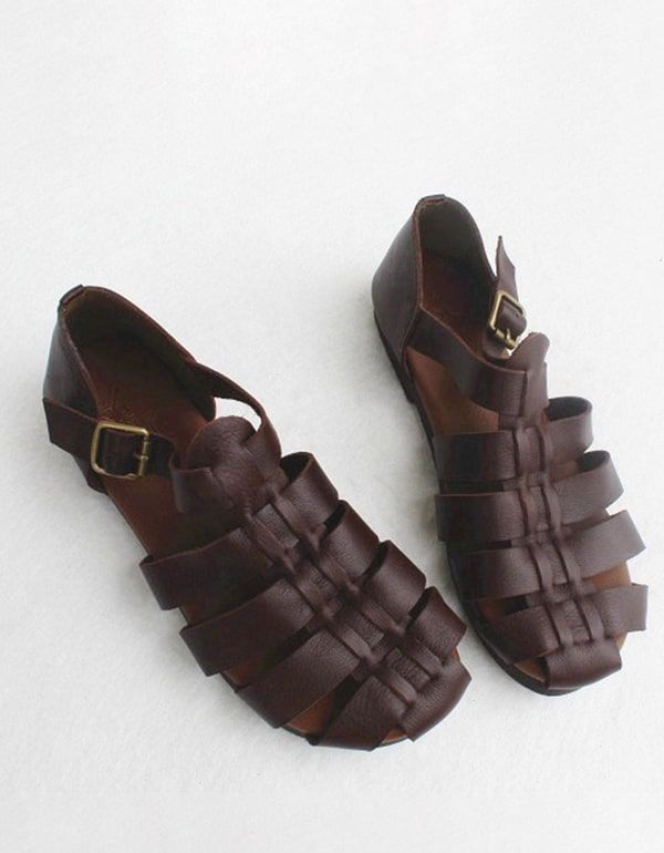 Retro-leder-sandalen Mit Geschlossener Zehenpartie