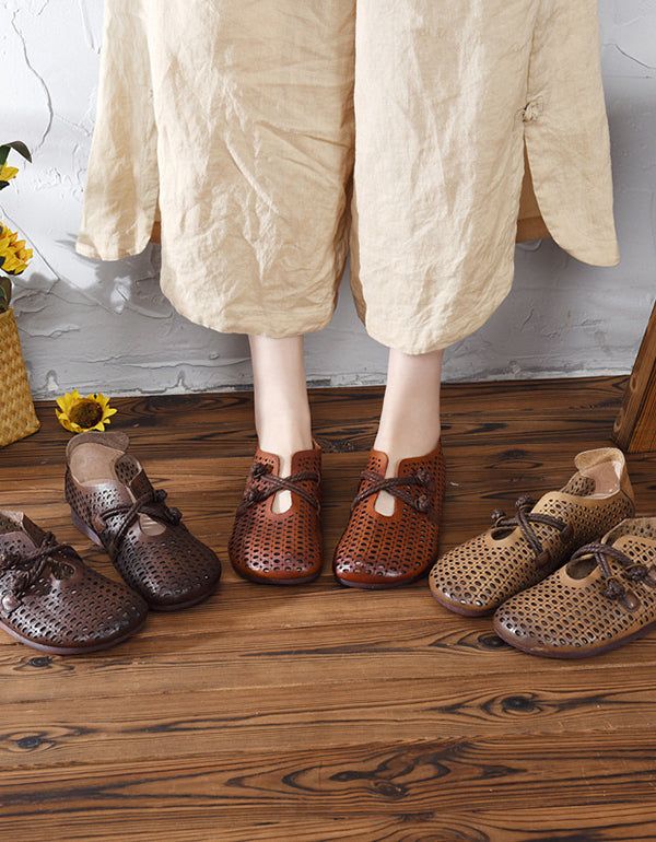 Sommer Frühling Retro Leder Flats Atmungsaktiv