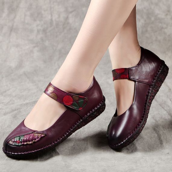 Spring Women Ethnic Leather Soft Bottom Flat Color Matching Shoes