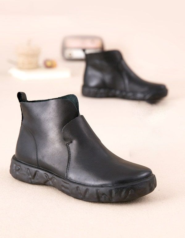 Winter Retro Leder Damen Schwarz Stiefel Plüsch