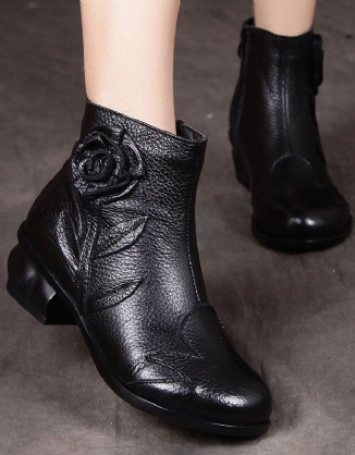 Ankle Chunky Bootie Mit Blume Im Ethno-stil