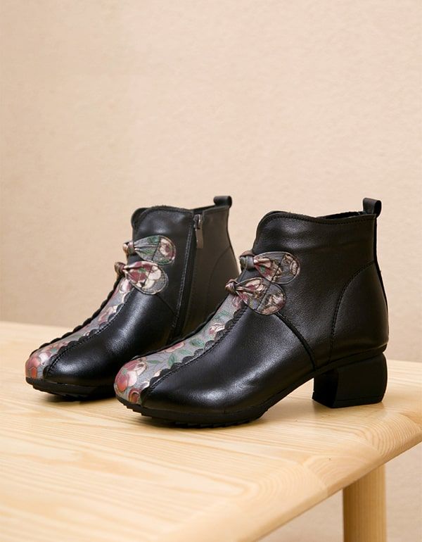 Ethno-retro-handgemachte Leder Bedruckte Klobige Kurze Stiefel