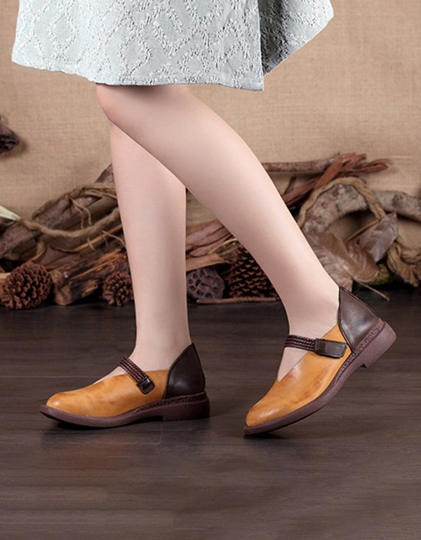 Flache Retro-schuhe Aus Handgefertigtem Leder Für Damen