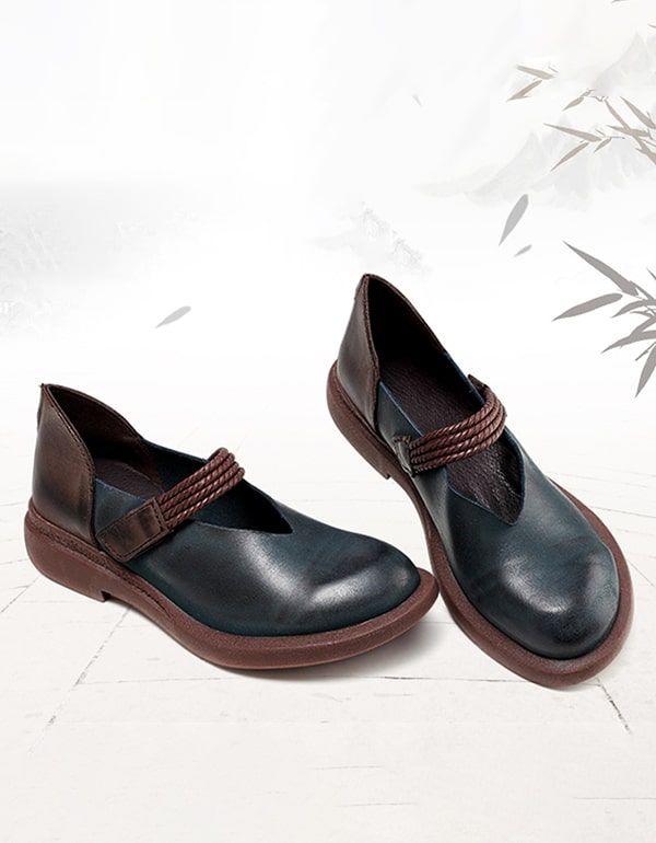 Flache Retro-schuhe Aus Handgefertigtem Leder Für Damen