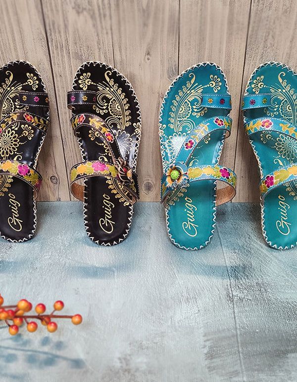 Flip-flops Rindsleder Ethno Schuhe Handmade Floral