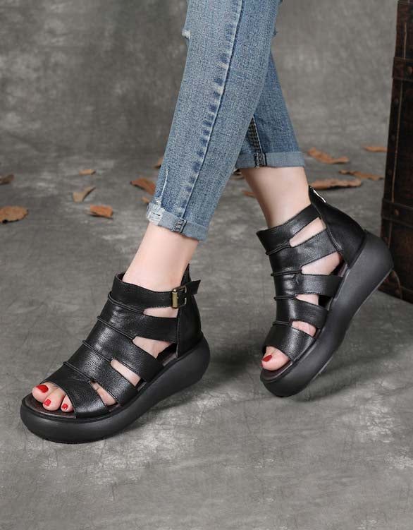 Damen-retro-leder-knöchelriemen-sandalen Schwarz