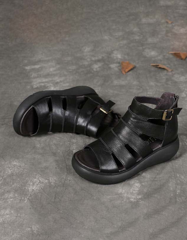 Damen-retro-leder-knöchelriemen-sandalen Schwarz