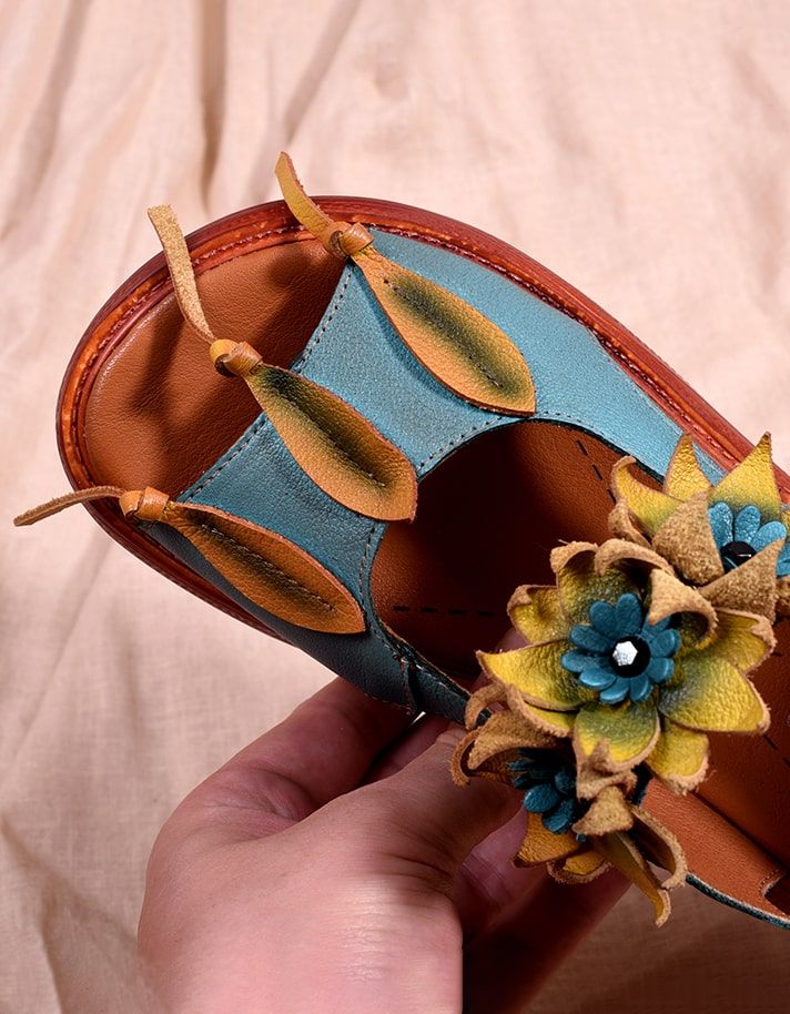 Flower Retro Leather Color Matching Strandsandalen