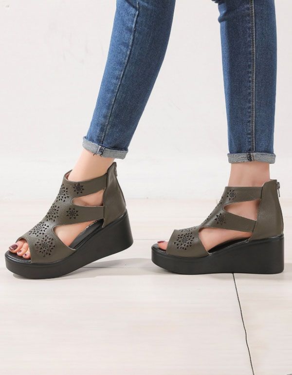 Handgefertigte Damen-sandalen Mit Keilabsatz Im Retro-stil